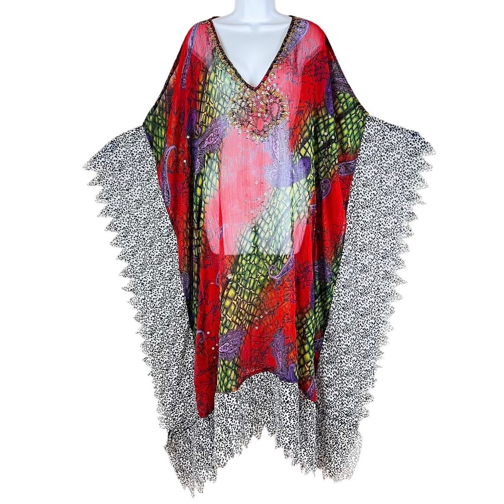 PEGASUS Lightweight Caftan Beaded Paisley Reptile V Neck Flowy Swim Coverup OS
